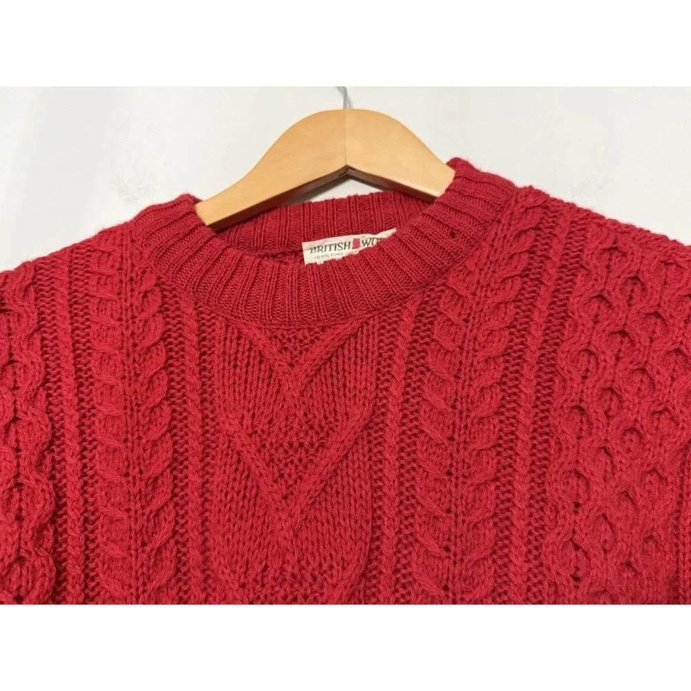 Vtg Lord Jeff Cable Knit‎ Crewneck Large Sweater Red British Worsted Wool USA